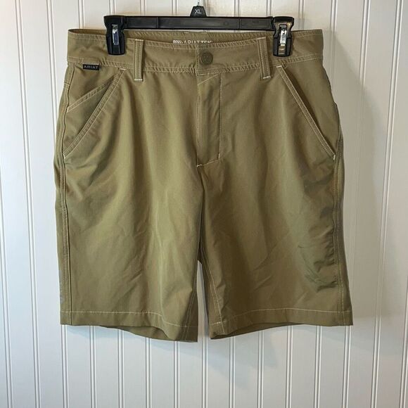 Ariat Tek Shorts Men's 30 Khaki Chino Tech Performance Flat Front Pockets Logo - Picture 1 of 9